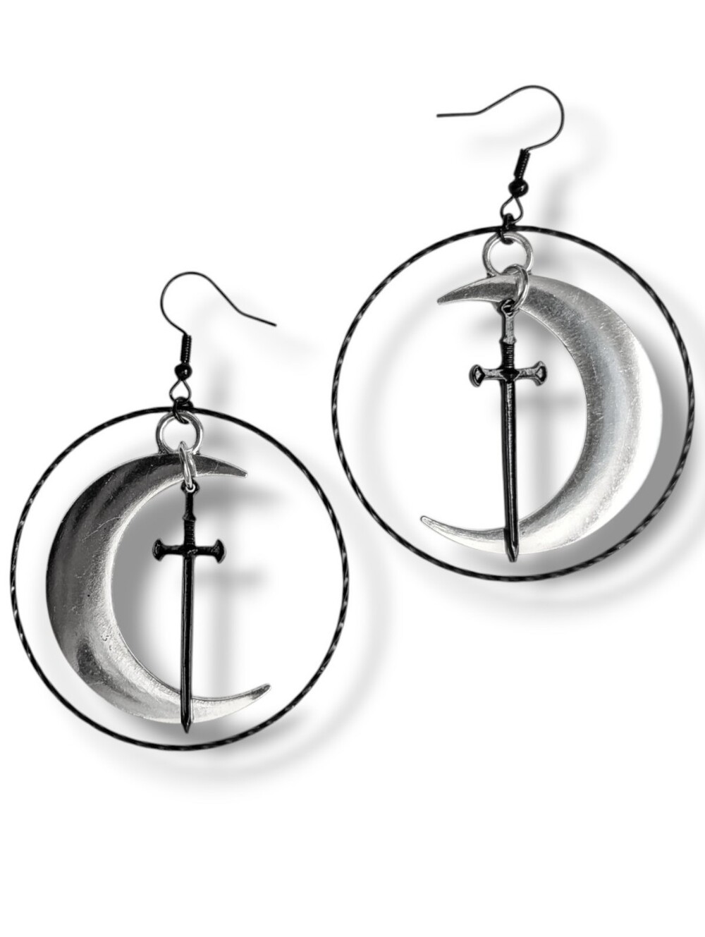 NWT Handmade Silver Crescent Moon Black Sword and Hoop Layered Earrings